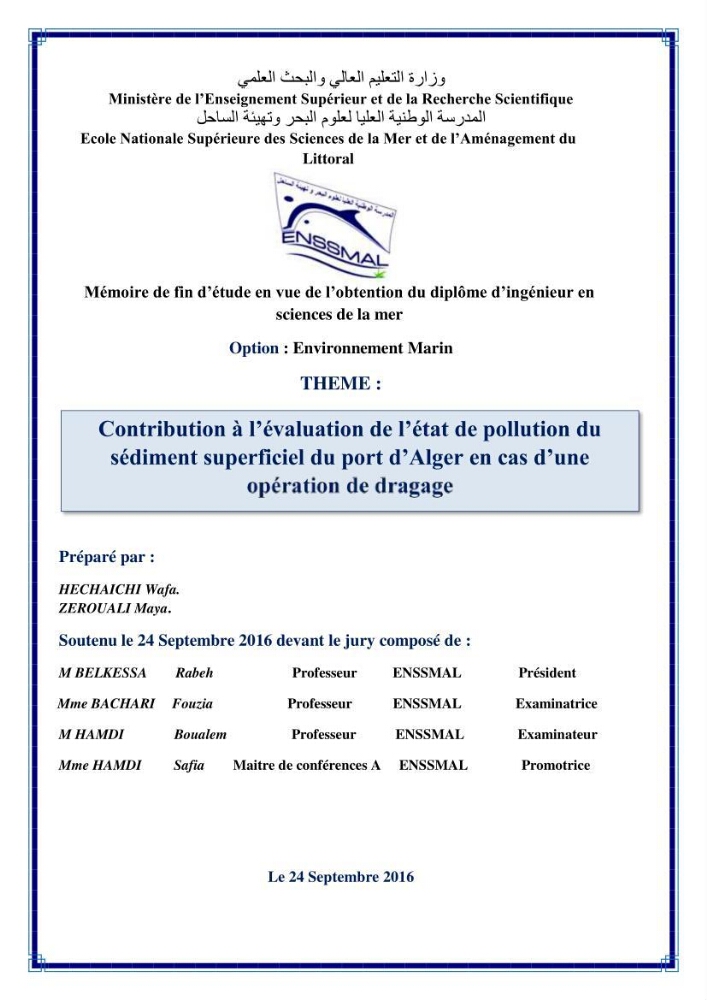 Contribution à l\'évaluation de l\'état de pollution du sédiment superficiel du port d\'Alger en cas d\'une opération de dragage: