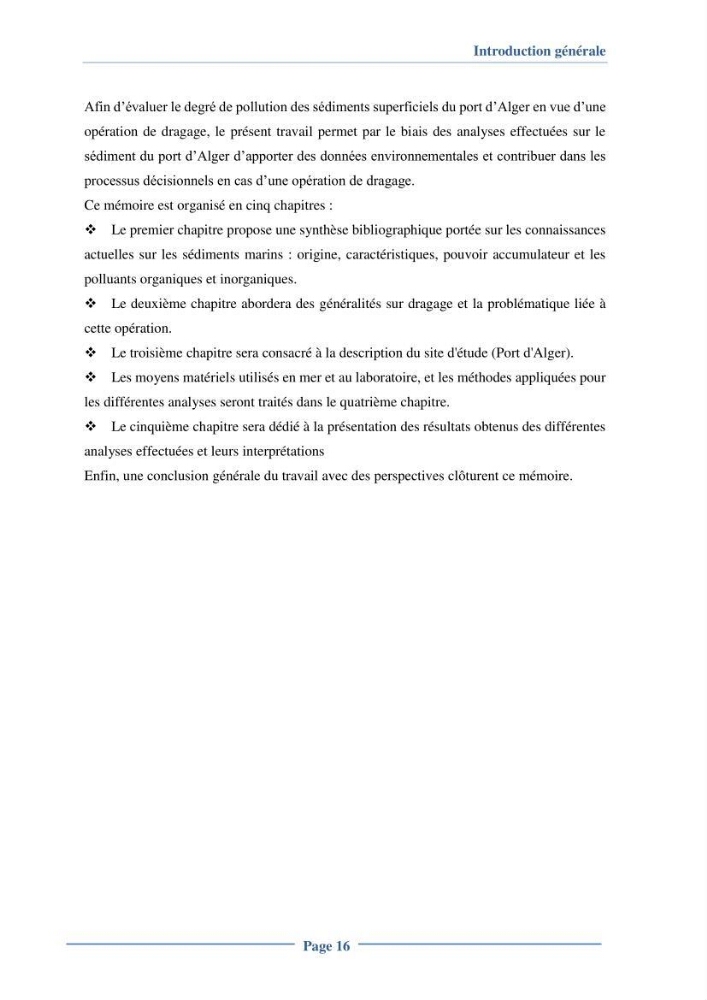 Contribution à l\'évaluation de l\'état de pollution du sédiment superficiel du port d\'Alger en cas d\'une opération de dragage: