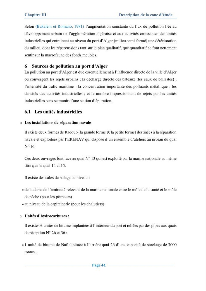 Contribution à l\'évaluation de l\'état de pollution du sédiment superficiel du port d\'Alger en cas d\'une opération de dragage: