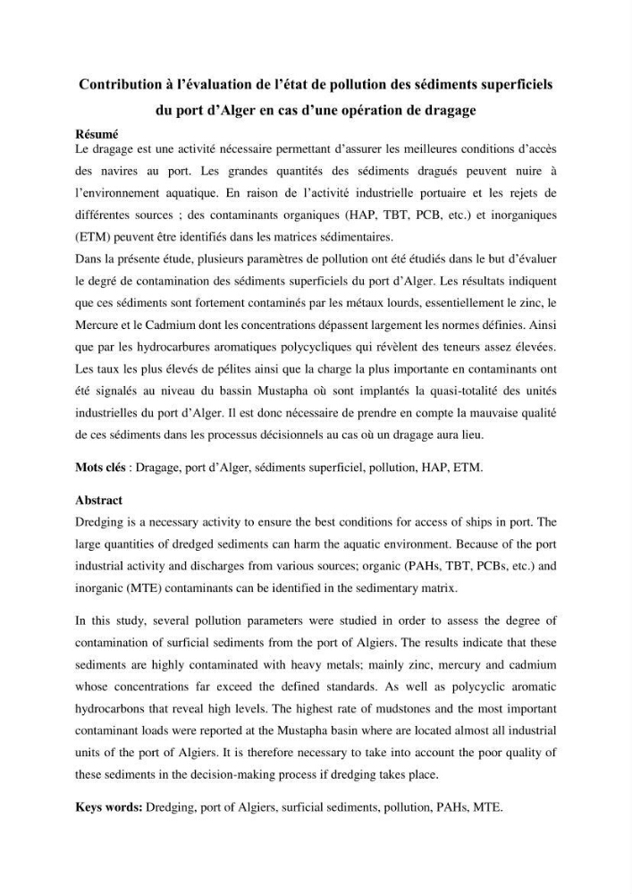 Contribution à l\'évaluation de l\'état de pollution du sédiment superficiel du port d\'Alger en cas d\'une opération de dragage: