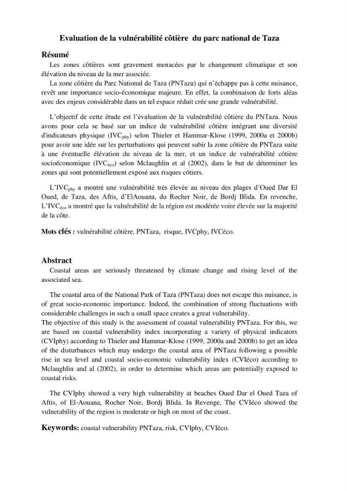 Evaluation de la vulnérabilité côtière du Parc National de Taza (wilaya de Jijel):