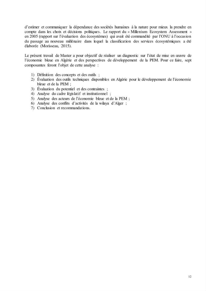 Analyse du cadre de l\'économie bleue et de la planification de l\'espace maritime en Algérie :cas de la zone marine et côtière de la wilaya d\'Alger