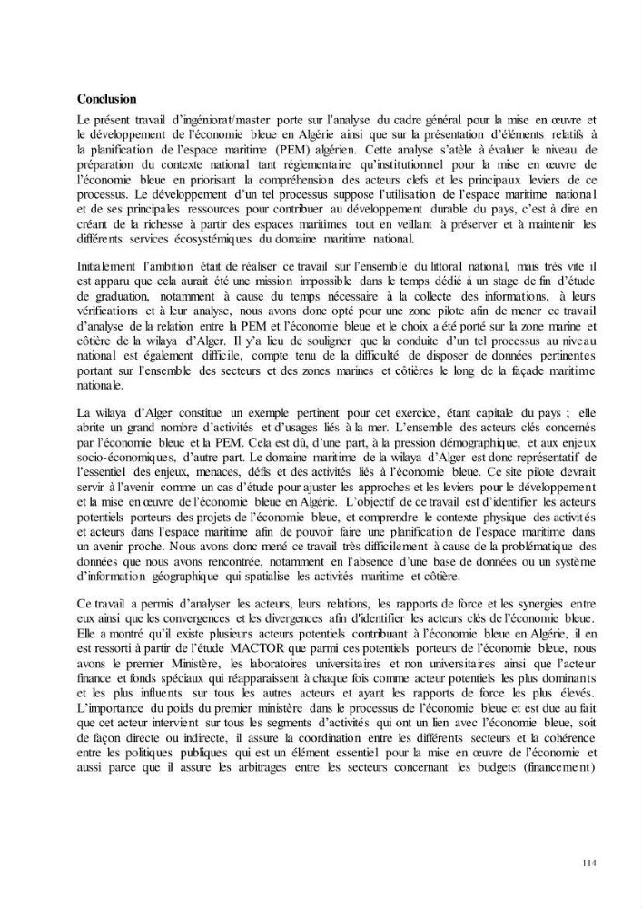 Analyse du cadre de l\'économie bleue et de la planification de l\'espace maritime en Algérie :cas de la zone marine et côtière de la wilaya d\'Alger