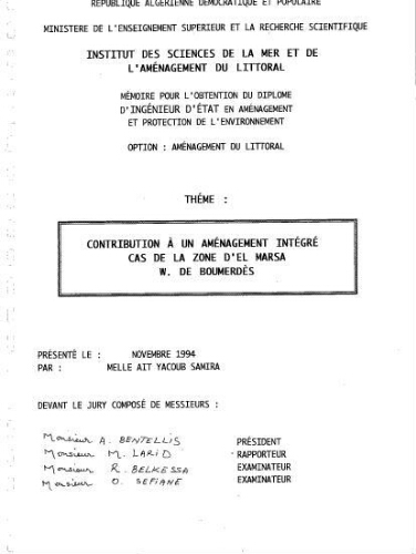 Contribution à un aménagement intégré cas de la zone d'El Marsa W. Boumerdes Contribution à un aménagement intégré cas de la zone d'El Marsa W. Boumerdes