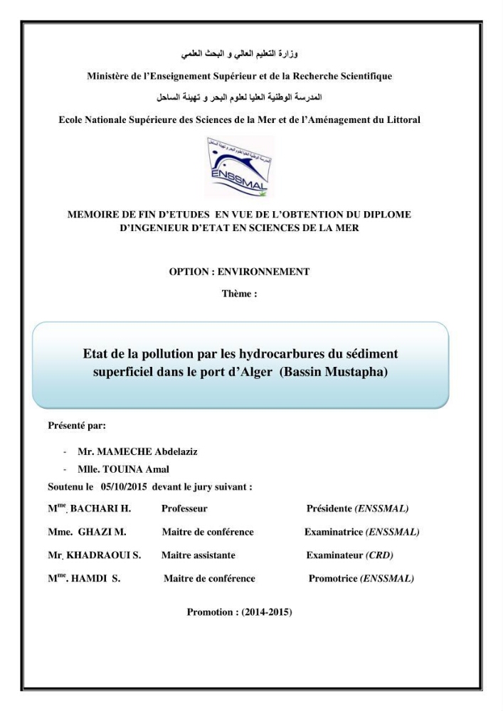 Etat de la pollution par les hydrocarbures du sédiment superficiel dans le port d\'Alger