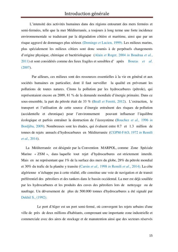 Etat de la pollution par les hydrocarbures du sédiment superficiel dans le port d\'Alger