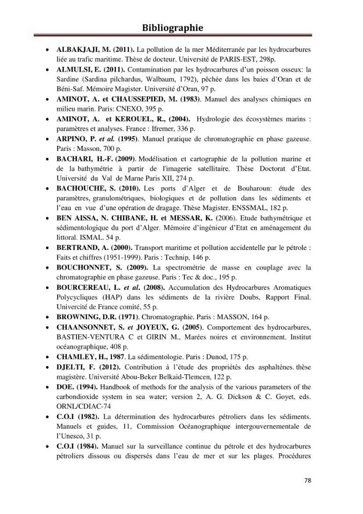 Etat de la pollution par les hydrocarbures du sédiment superficiel dans le port d\'Alger