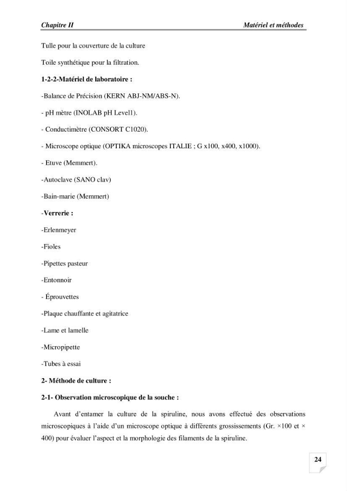 Production, analyse et valorisation de microalgues (Spiruline)