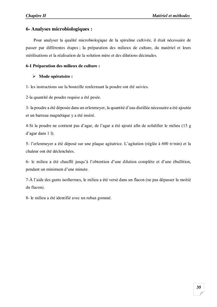 Production, analyse et valorisation de microalgues (Spiruline)