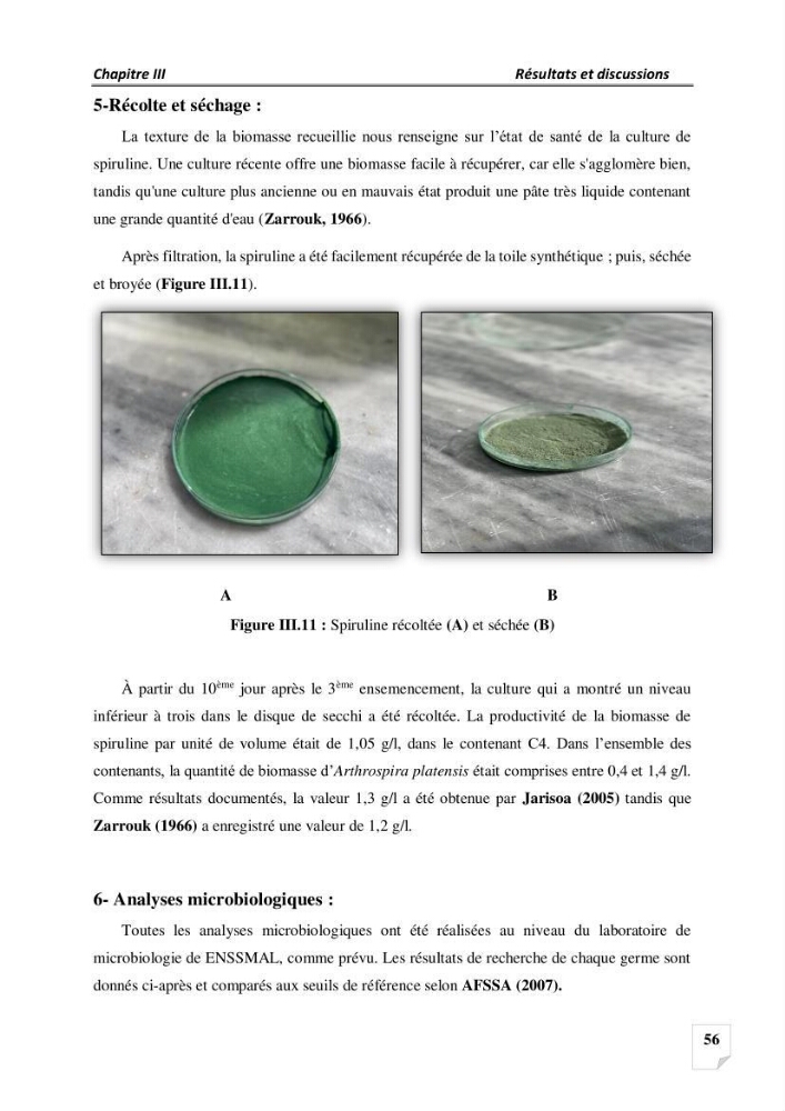 Production, analyse et valorisation de microalgues (Spiruline)
