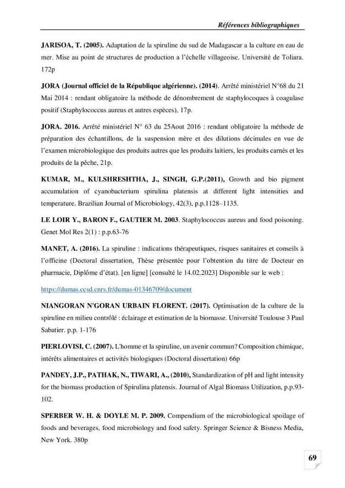 Production, analyse et valorisation de microalgues (Spiruline)