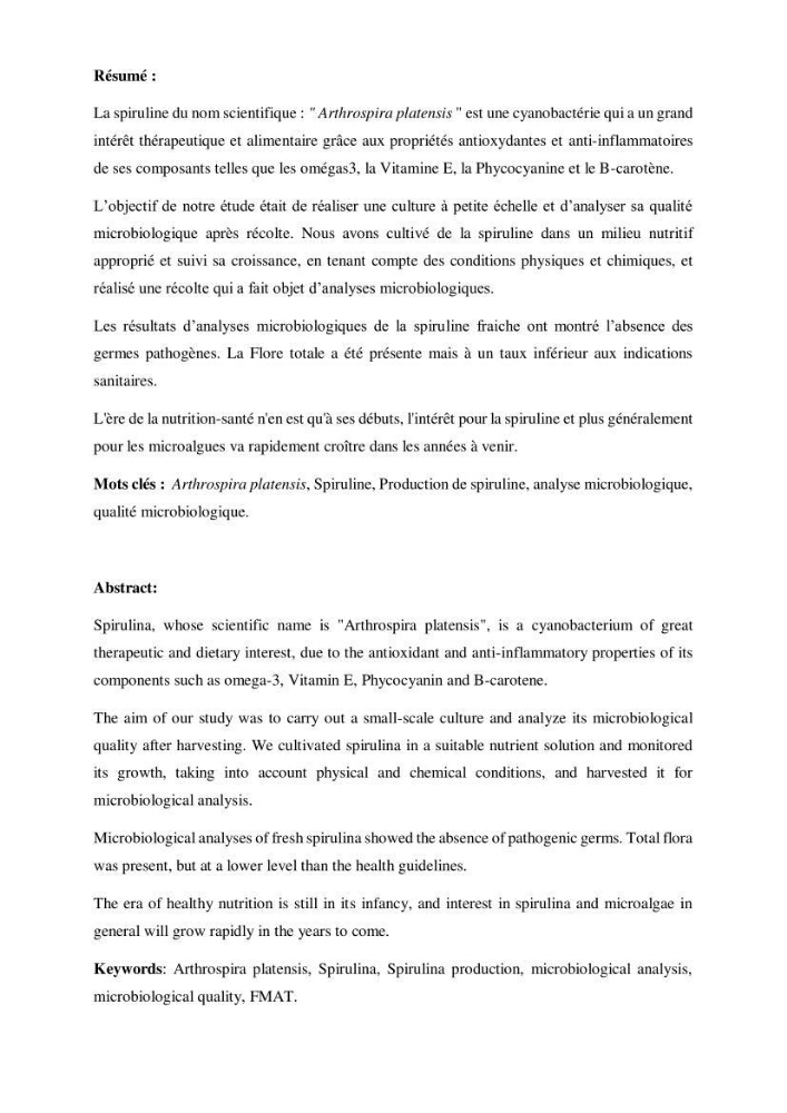 Production, analyse et valorisation de microalgues (Spiruline)