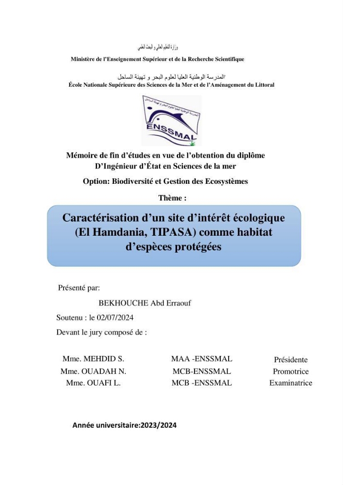 Caractérisation d\'un site d\'intérêt écologique (El Hamdania, Tipaza ) comme habita d\'éspèces protégées