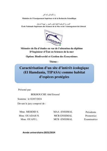 Caractérisation d'un site d'intérêt écologique (El Hamdania, Tipaza ) comme habita d'éspèces protégées Caractérisation d'un site d'intérêt écologique (El Hamdania, Tipaza ) comme habita d'éspèces protégées