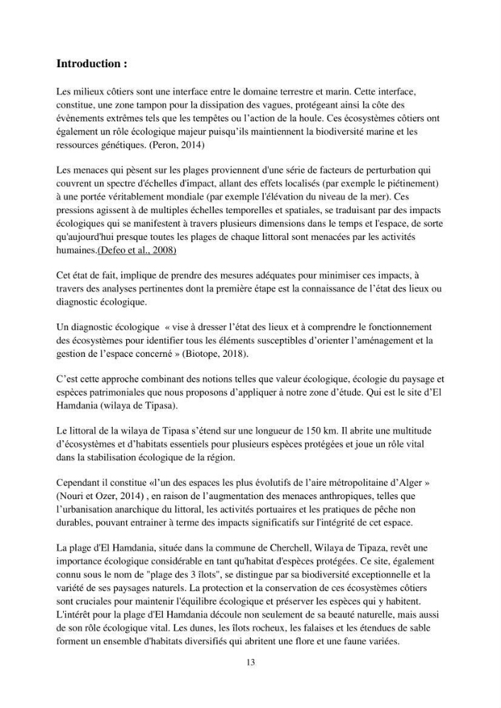 Caractérisation d\'un site d\'intérêt écologique (El Hamdania, Tipaza ) comme habita d\'éspèces protégées