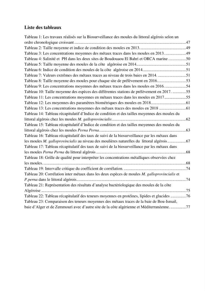 Les métaux traces dans les moules: Etude rétrospective et comparative dans les côtes centrales algériennes (baies de Zemmouri, d’Alger et de Bou-Ismail).