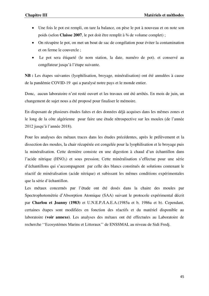 Les métaux traces dans les moules: Etude rétrospective et comparative dans les côtes centrales algériennes (baies de Zemmouri, d’Alger et de Bou-Ismail).