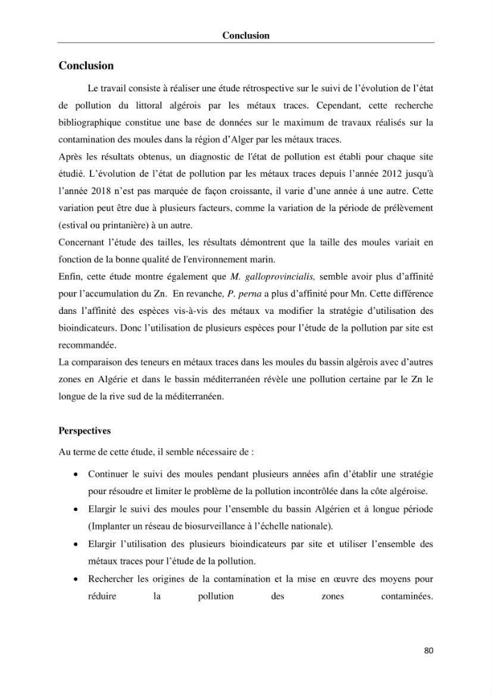 Les métaux traces dans les moules: Etude rétrospective et comparative dans les côtes centrales algériennes (baies de Zemmouri, d’Alger et de Bou-Ismail).
