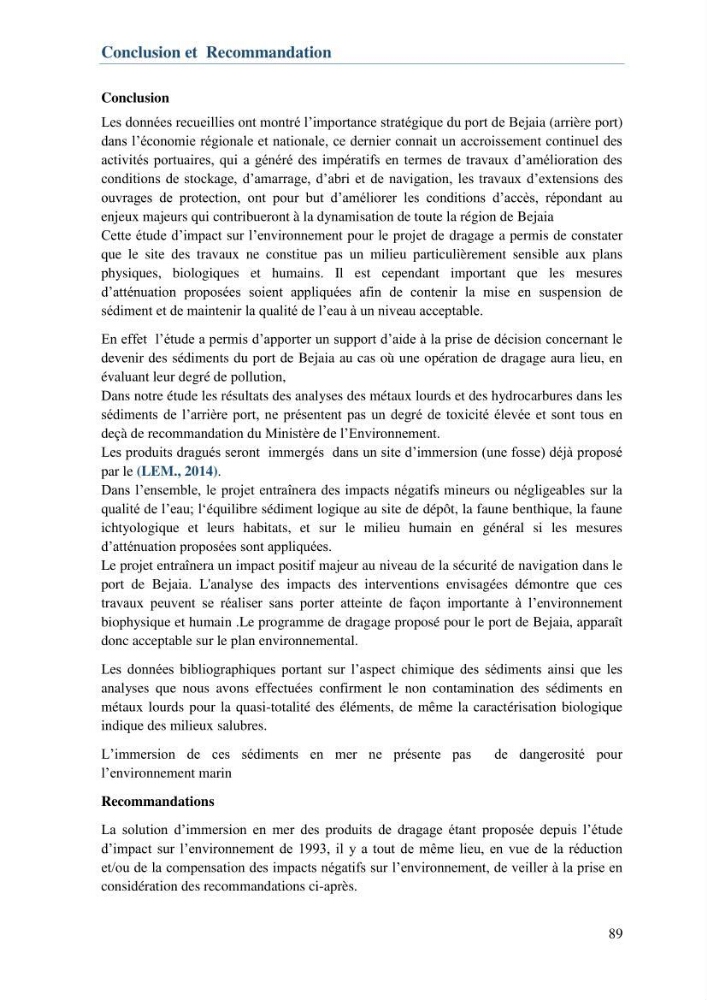 L\'étude d\'impact des produits de dragage du port de Bejaia sur l\'environnement \' arrière port \':