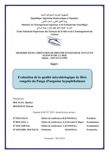 Evaluation de la qualité microbiologique de filets congelé du Panda (Pangaisius hypophthamus): Evaluation de la qualité microbiologique de filets congelé du Panda (Pangaisius hypophthamus):