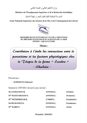 Contribution à l'étude des interactions entre le parasitisme et les facteurs physiologiques chez le tilapia de la ferme "Ezzahra" - Ghardaia -: Contribution à l'étude des interactions entre le parasitisme et les facteurs physiologiques chez le tilapia de la ferme "Ezzahra" - Ghardaia -: