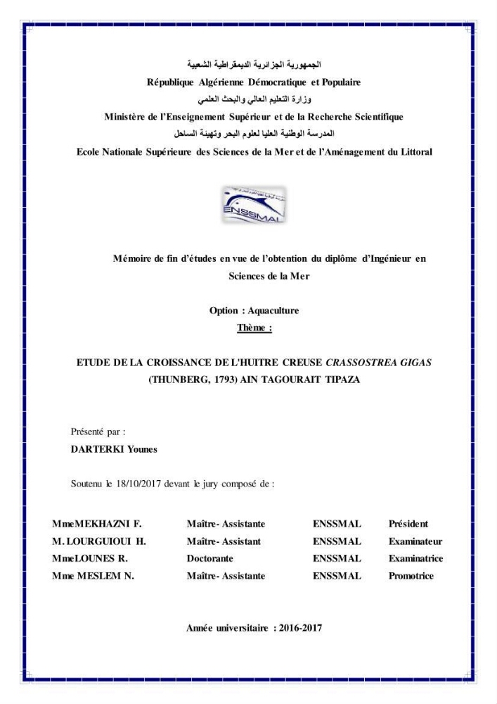 Etude de la croissance de l\'Huitre creuse Crassostrea Gigas (Thunberg, 1793) Ain Tagourait Tipaza