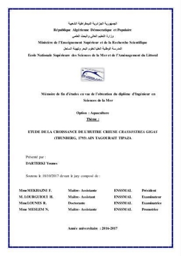 Etude de la croissance de l'Huitre creuse Crassostrea Gigas (Thunberg, 1793) Ain Tagourait Tipaza Etude de la croissance de l'Huitre creuse Crassostrea Gigas (Thunberg, 1793) Ain Tagourait Tipaza