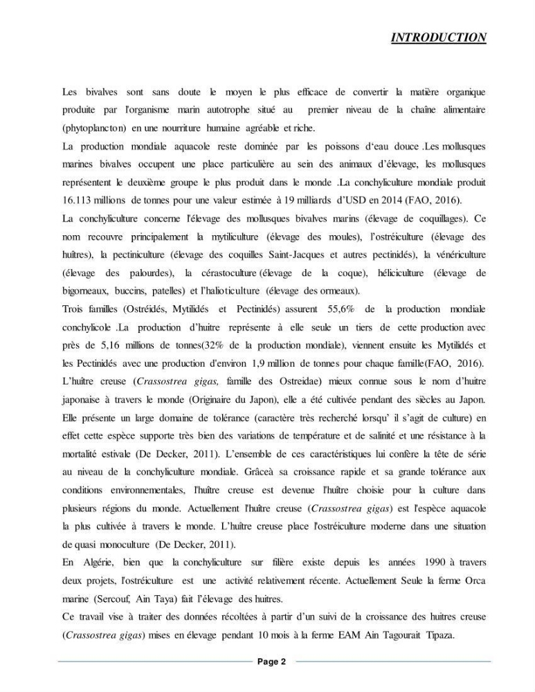 Etude de la croissance de l\'Huitre creuse Crassostrea Gigas (Thunberg, 1793) Ain Tagourait Tipaza
