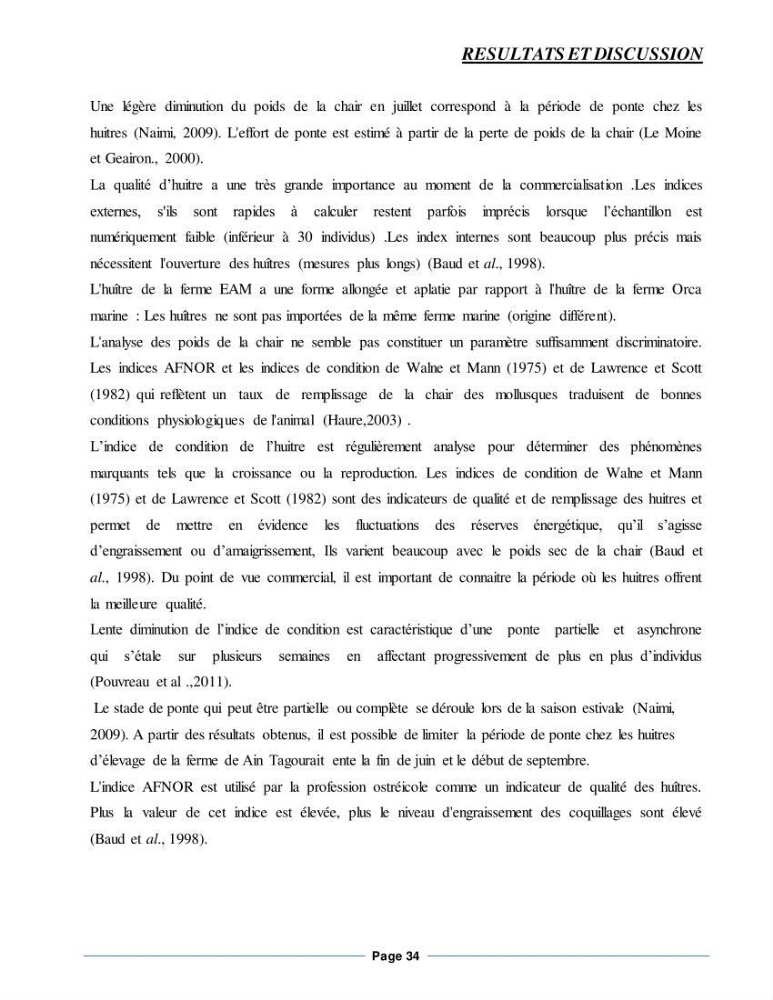 Etude de la croissance de l\'Huitre creuse Crassostrea Gigas (Thunberg, 1793) Ain Tagourait Tipaza