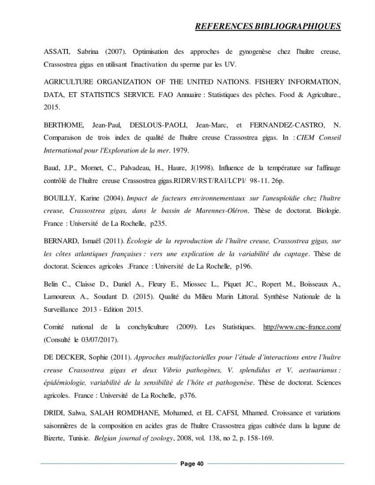 Etude de la croissance de l\'Huitre creuse Crassostrea Gigas (Thunberg, 1793) Ain Tagourait Tipaza