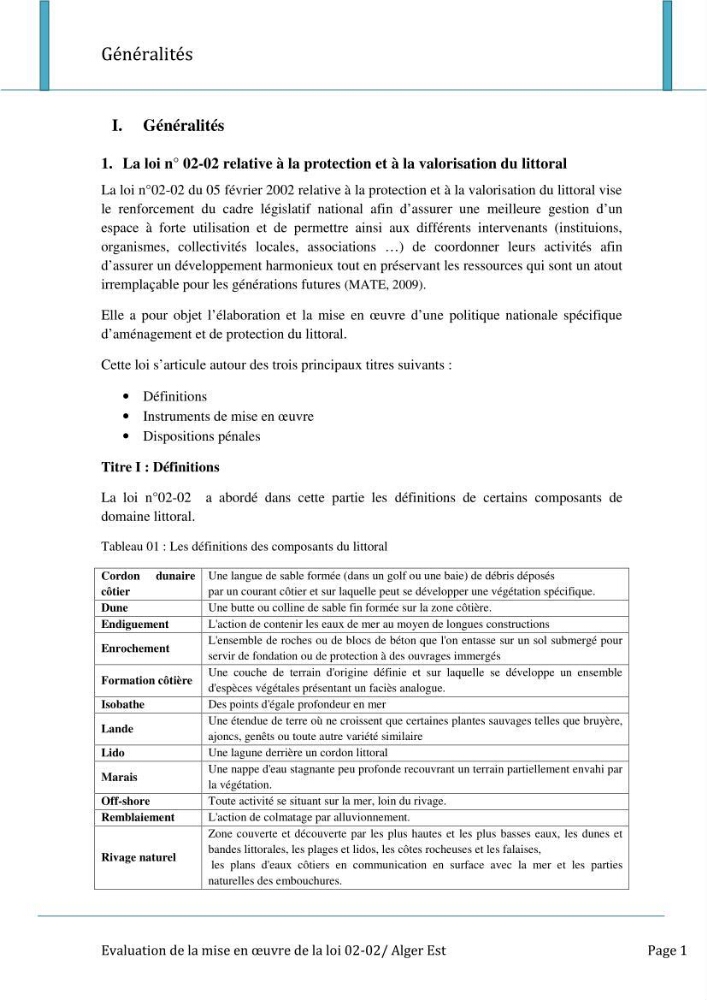 Evaluation de la mise en oeuvre de la loi n°02-02 relative à la protection et à la valorisation du littoral au niveau de l\'Est de la wilaya d\'Alger