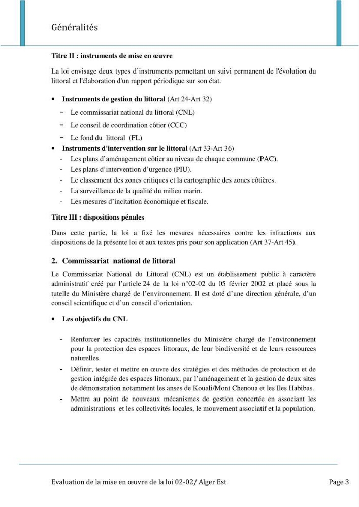 Evaluation de la mise en oeuvre de la loi n°02-02 relative à la protection et à la valorisation du littoral au niveau de l\'Est de la wilaya d\'Alger