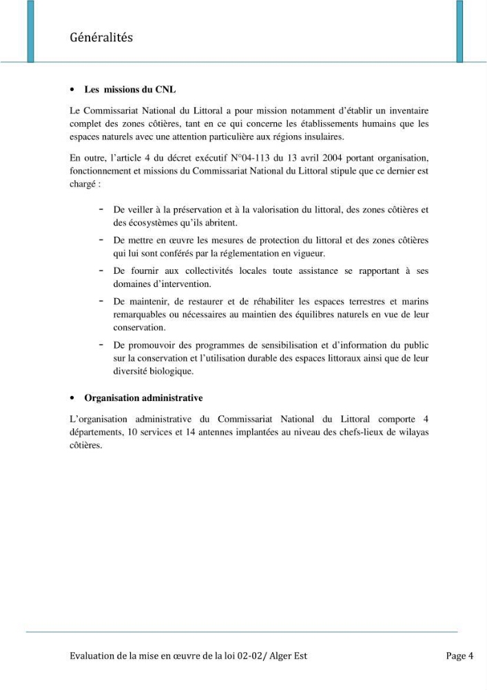 Evaluation de la mise en oeuvre de la loi n°02-02 relative à la protection et à la valorisation du littoral au niveau de l\'Est de la wilaya d\'Alger