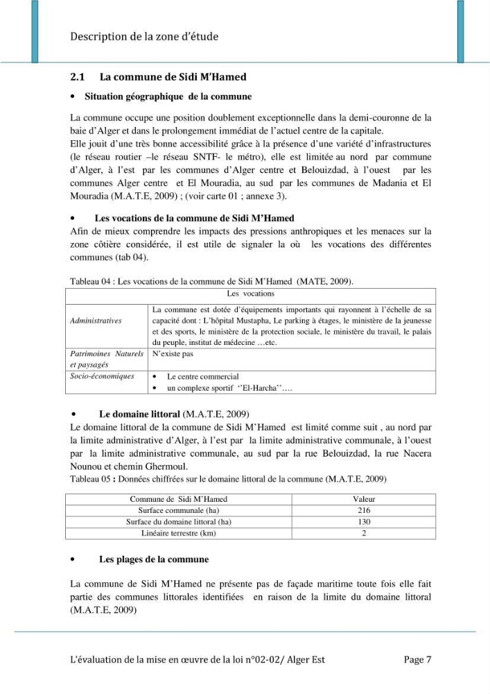 Evaluation de la mise en oeuvre de la loi n°02-02 relative à la protection et à la valorisation du littoral au niveau de l\'Est de la wilaya d\'Alger