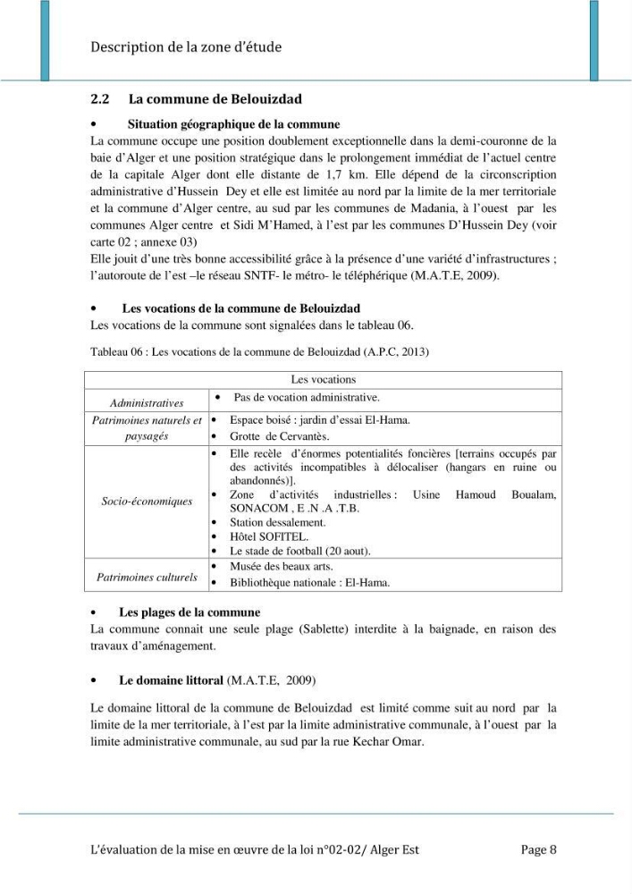 Evaluation de la mise en oeuvre de la loi n°02-02 relative à la protection et à la valorisation du littoral au niveau de l\'Est de la wilaya d\'Alger
