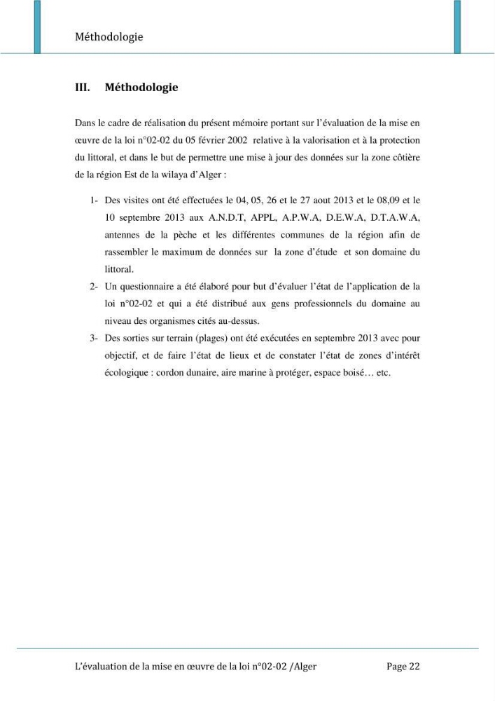 Evaluation de la mise en oeuvre de la loi n°02-02 relative à la protection et à la valorisation du littoral au niveau de l\'Est de la wilaya d\'Alger
