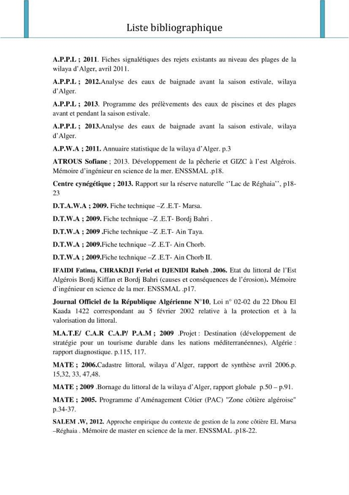 Evaluation de la mise en oeuvre de la loi n°02-02 relative à la protection et à la valorisation du littoral au niveau de l\'Est de la wilaya d\'Alger