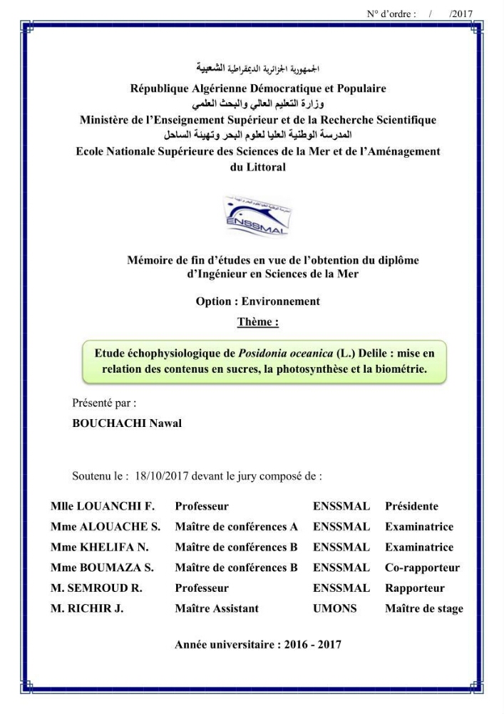 Etude échophysiologique de Posidonia oceanica (L.) Delile : mise en relation des contenus en sucres, la photosynthèse et la biométrie