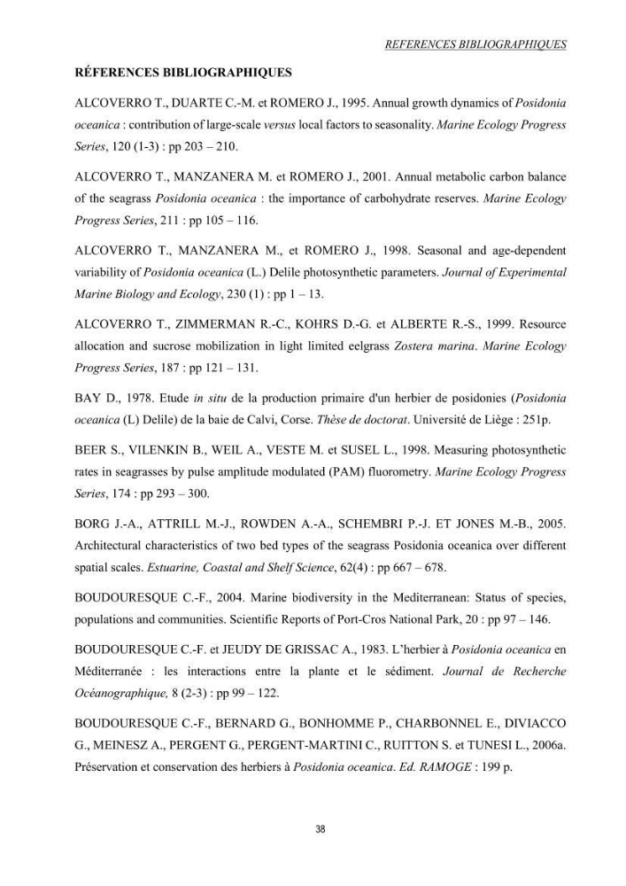 Etude échophysiologique de Posidonia oceanica (L.) Delile : mise en relation des contenus en sucres, la photosynthèse et la biométrie