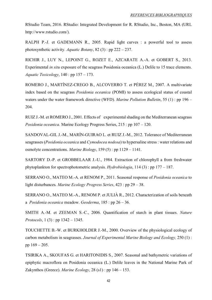 Etude échophysiologique de Posidonia oceanica (L.) Delile : mise en relation des contenus en sucres, la photosynthèse et la biométrie