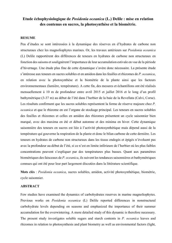 Etude échophysiologique de Posidonia oceanica (L.) Delile : mise en relation des contenus en sucres, la photosynthèse et la biométrie
