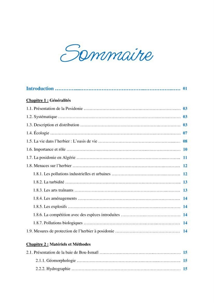 Contribution à l\'étude de l\'impact de la pollution chimique sur l\'herbier à Posidonie dans la baie de Bou-Ismaîl