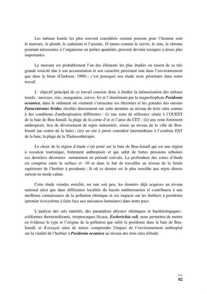 Contribution à l\'étude de l\'impact de la pollution chimique sur l\'herbier à Posidonie dans la baie de Bou-Ismaîl