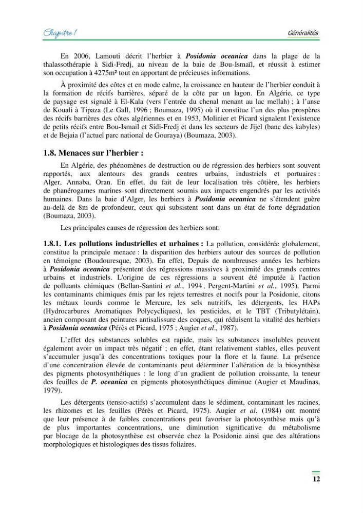 Contribution à l\'étude de l\'impact de la pollution chimique sur l\'herbier à Posidonie dans la baie de Bou-Ismaîl