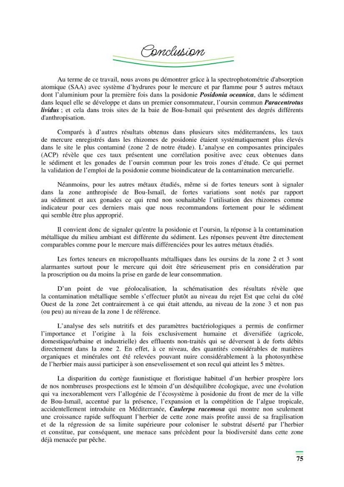 Contribution à l\'étude de l\'impact de la pollution chimique sur l\'herbier à Posidonie dans la baie de Bou-Ismaîl