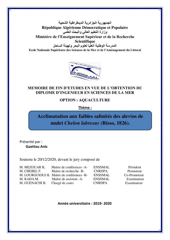 Acclimatation aux faibles salinités des alevins de mulet Chelon labrosus (Risso, 1826).: