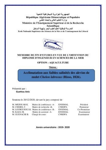 Acclimatation aux faibles salinités des alevins de mulet Chelon labrosus (Risso, 1826).: Acclimatation aux faibles salinités des alevins de mulet Chelon labrosus (Risso, 1826).:
