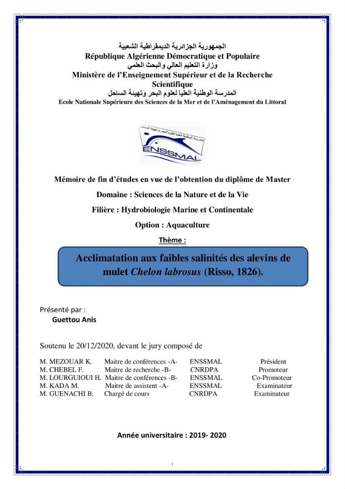 Acclimatation aux faibles salinités des alevins de mulet Chelon labrosus (Risso, 1826).: