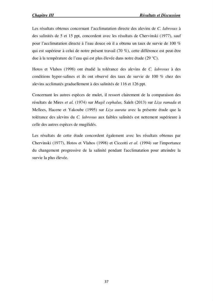 Acclimatation aux faibles salinités des alevins de mulet Chelon labrosus (Risso, 1826).: