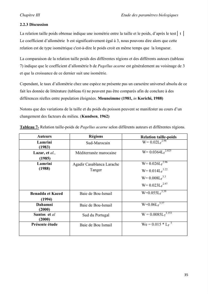 Contribution à l\'étude de l\'exploitation de pagellus acarne (Risso, 1826) de la baie de Bou- Ismail: